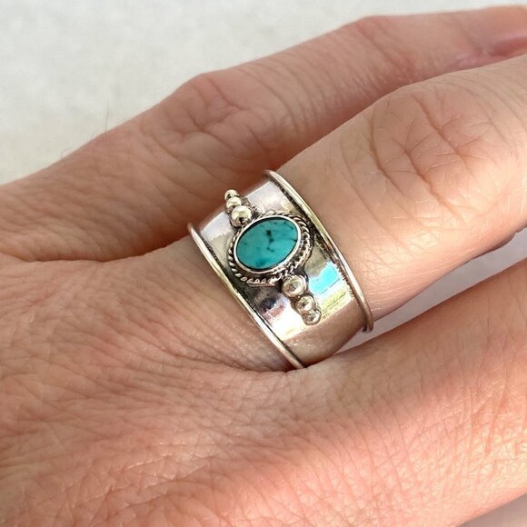 Sterling Silver 925 Oval Bezel Set Turquoise Cabochon Cigar Band Ring Sz 6.75 - Picture 16 of 16